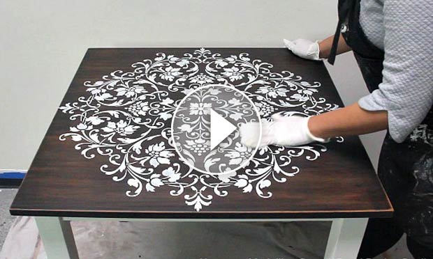 Painted Wood Table Makeover with a Large Mandala Stencil Design