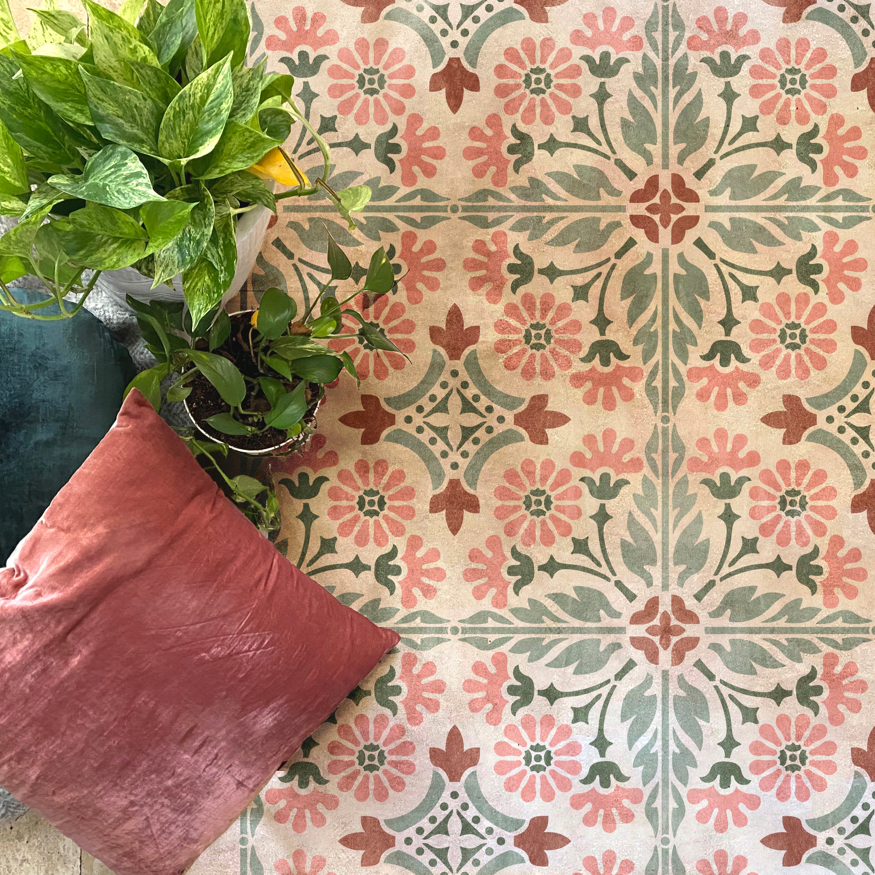 How to Stencil Our Pretty Country Floral Tile in 4 Floor Paint Colors