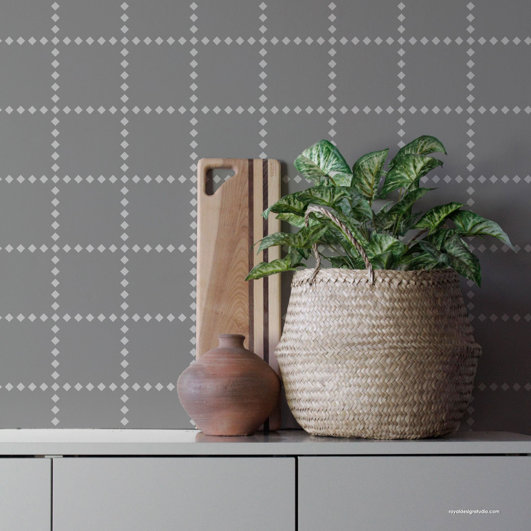 Modern geometric wall and floor stencil in check pattern