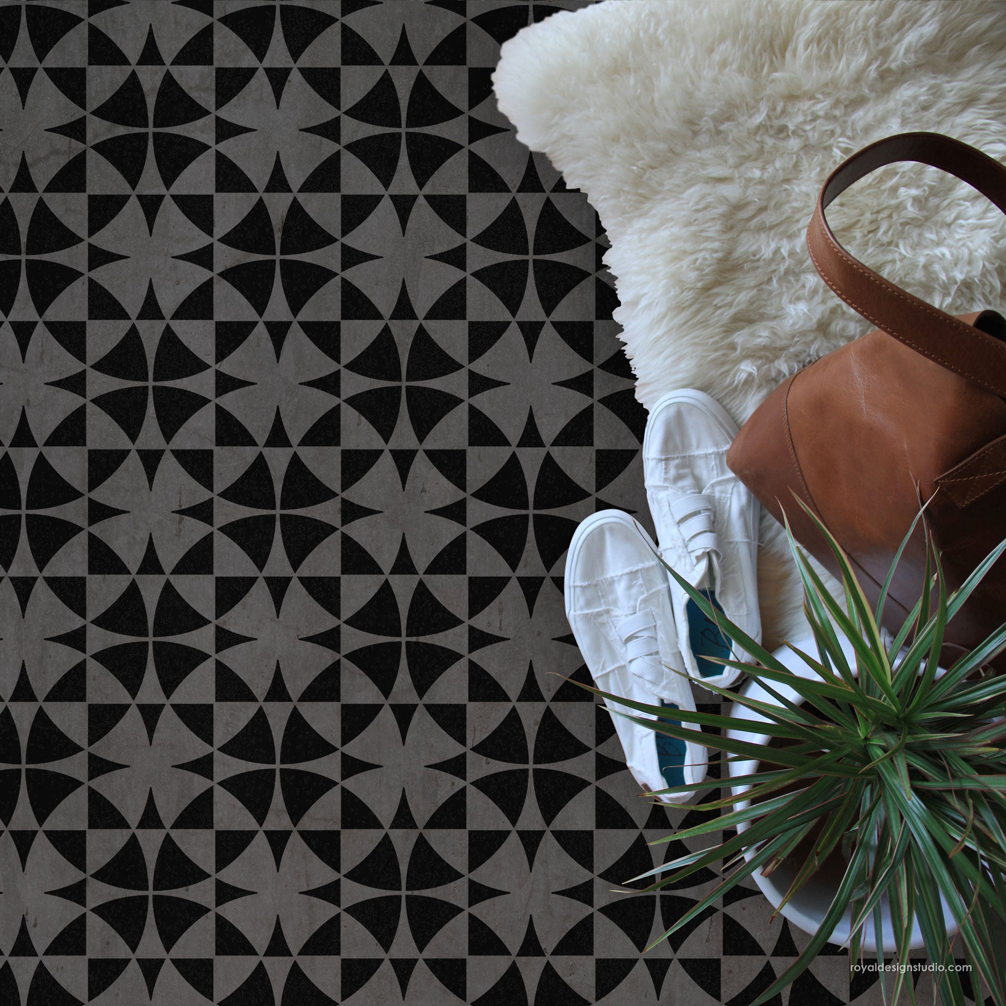 black and white floor stencil pattern for zellige tile painted effect