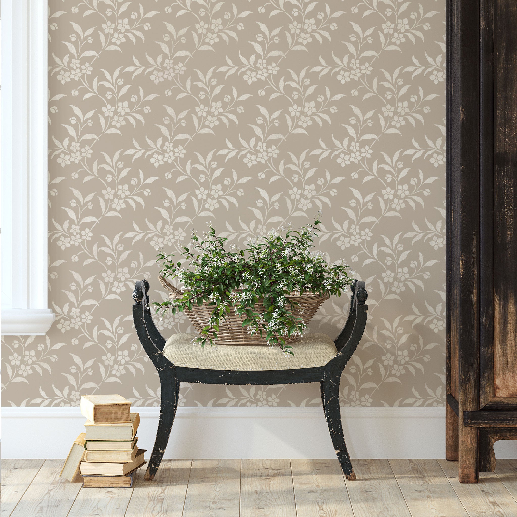 Cottage style floral wall stencil pattern in cream and beige on customer painted wall