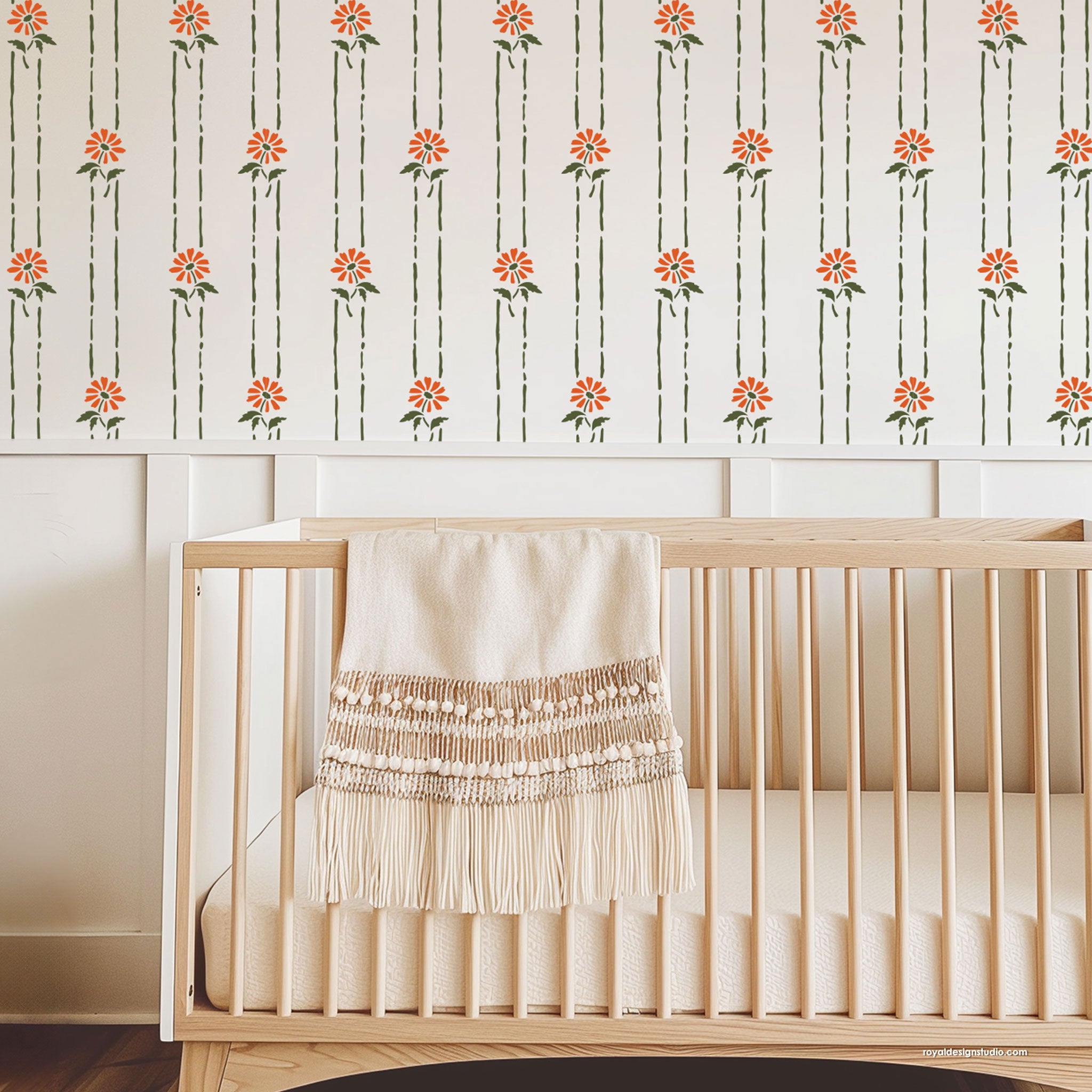 Daisy floral stripe wall stencil painted in a nursery