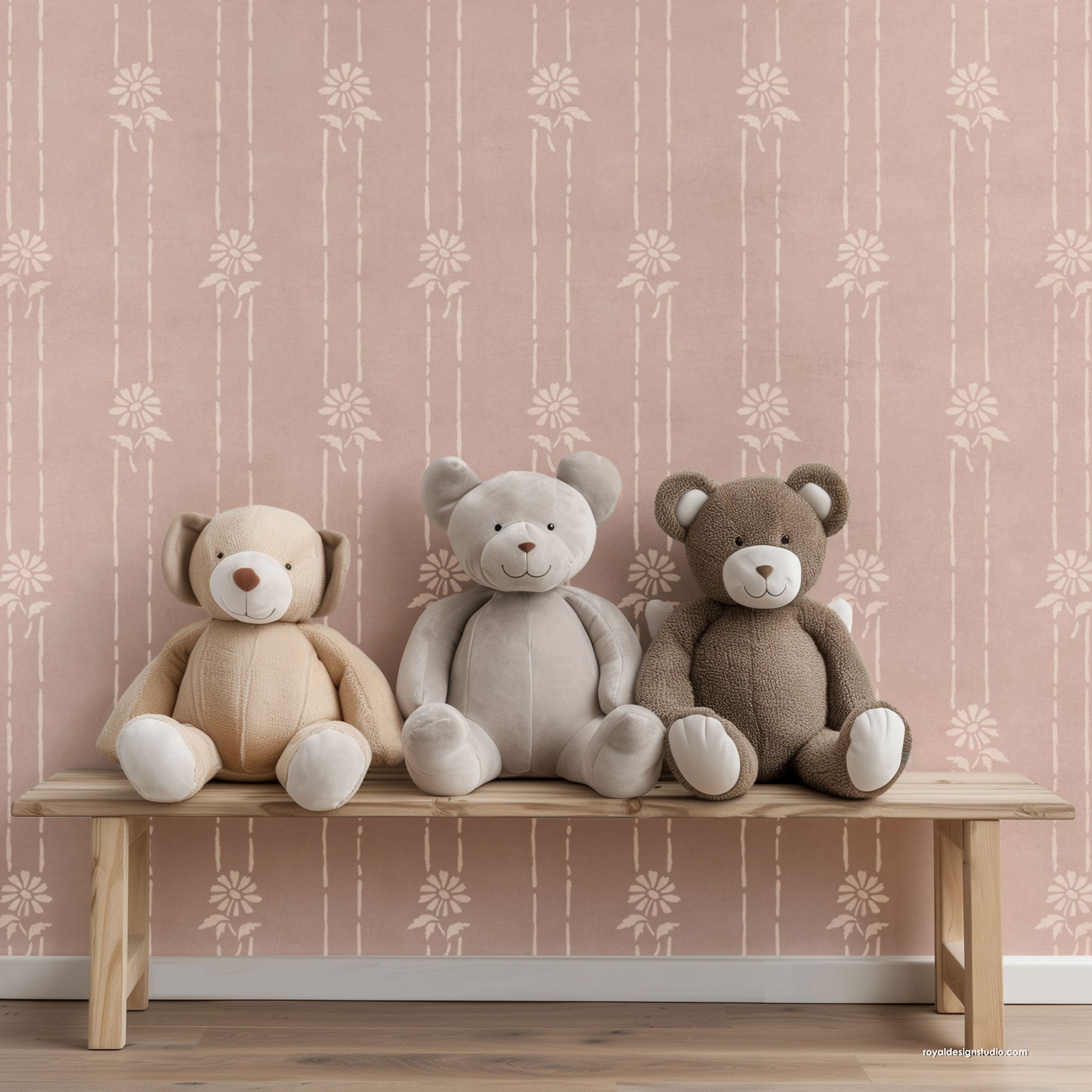 Floral stenciled stripe pattern on pink wall with a wall stencil