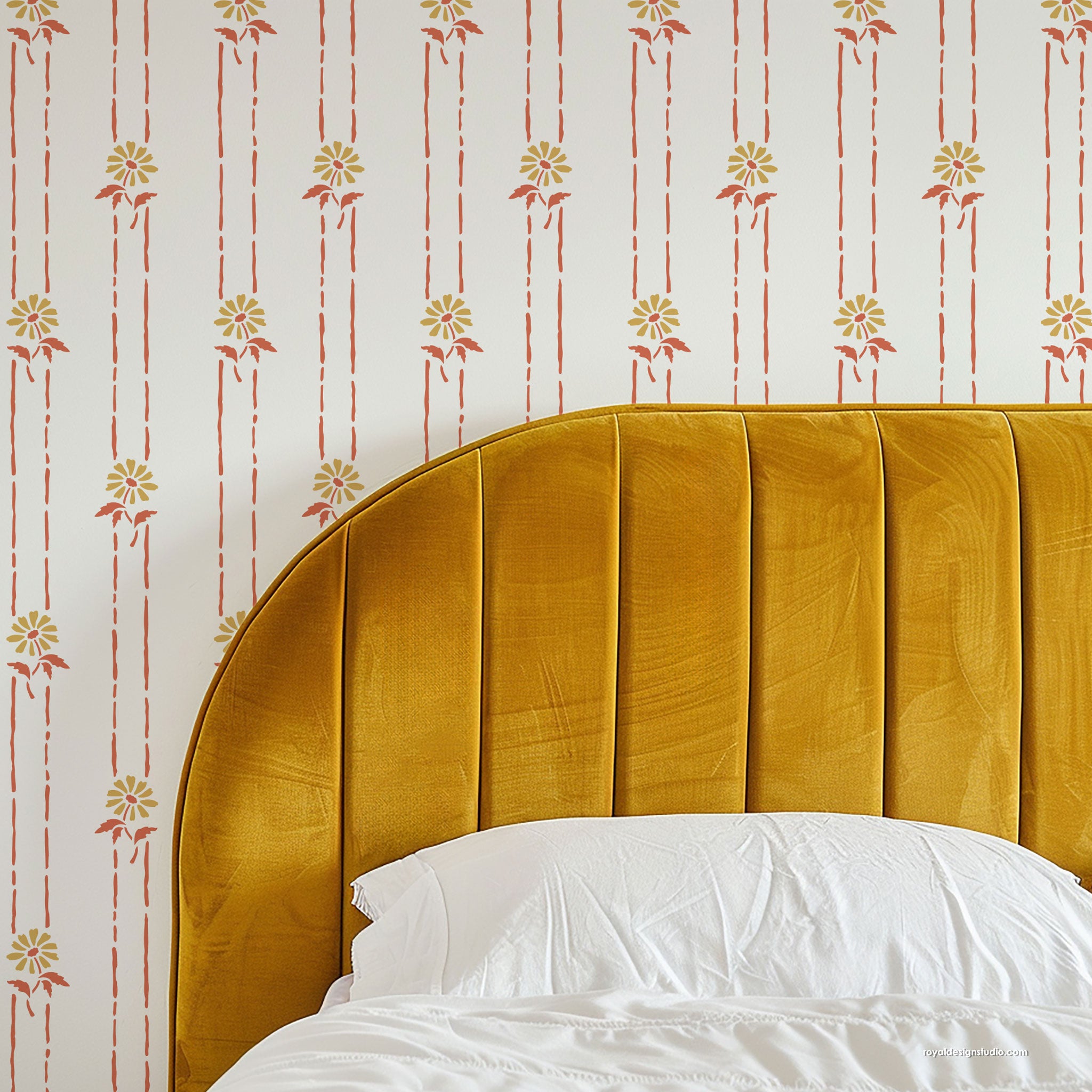 Stenciled bedroom wall with floral stripe pattern stencil