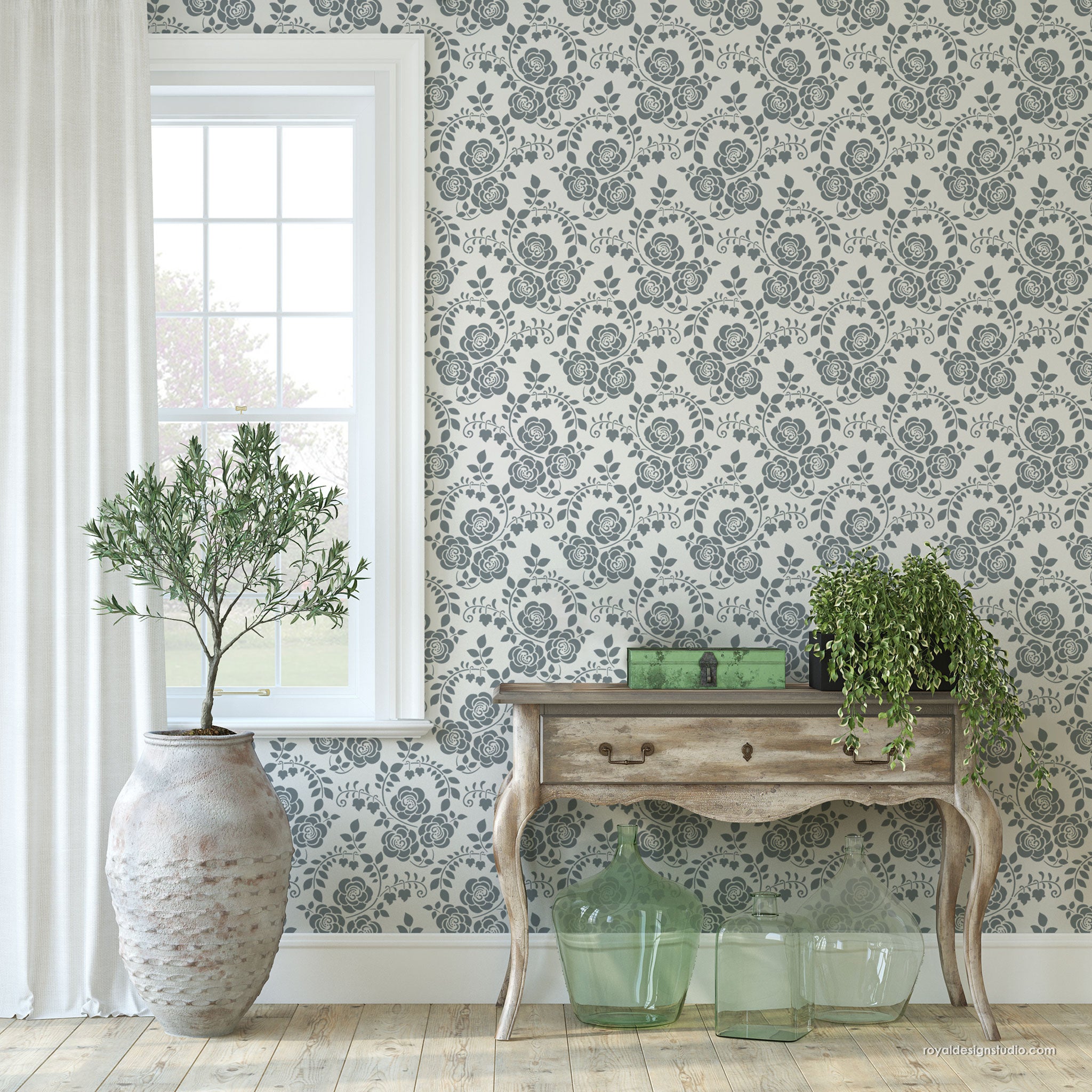 Vintage art nouveau floral stencil pattern painted wallpaper look on wall