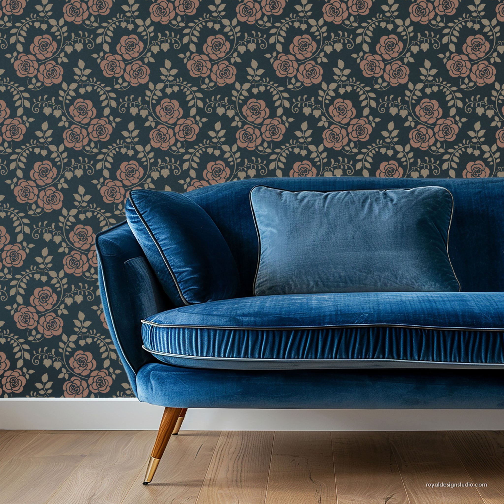 Floral wallpaper look stenciled with and art nouveau pattern design