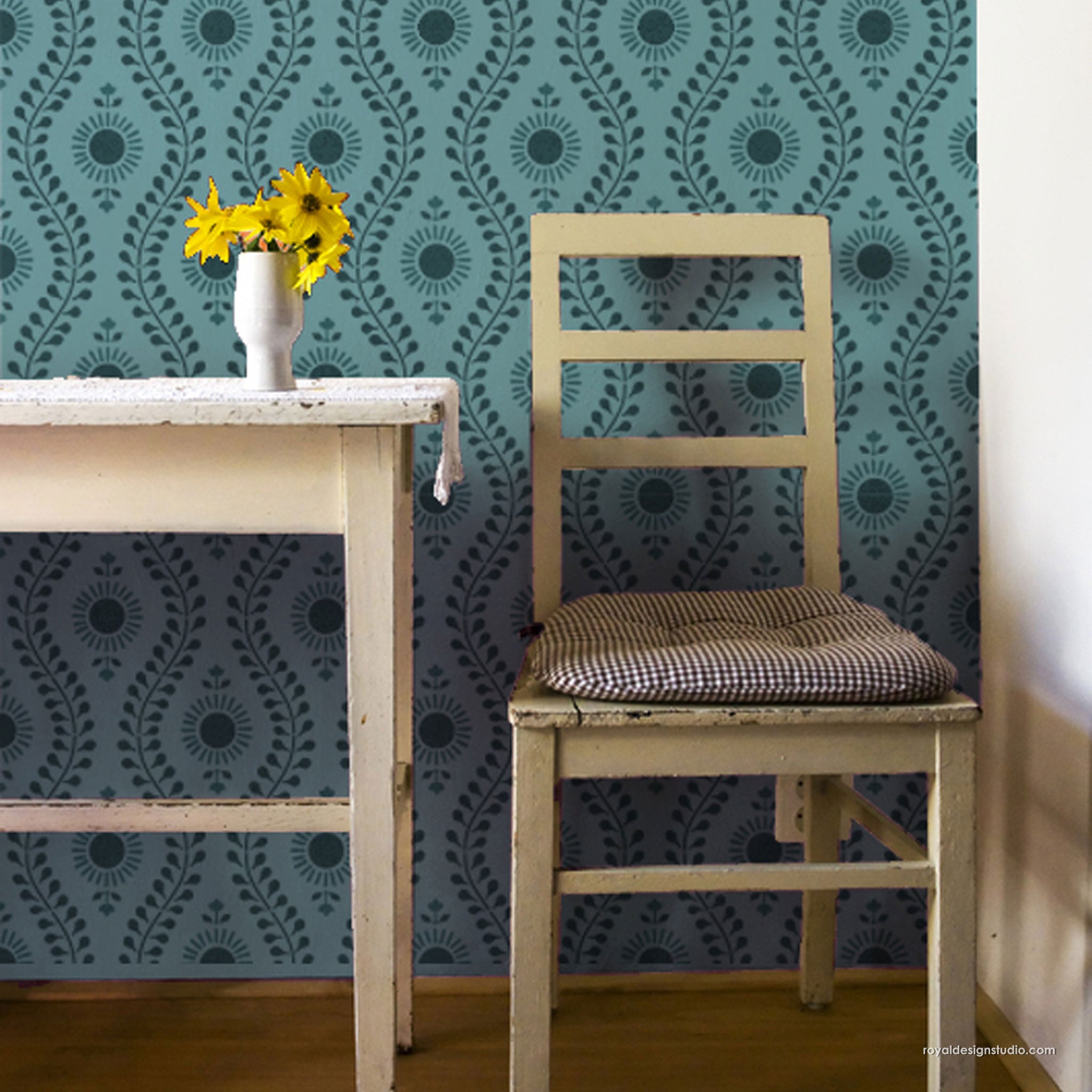 Cottage farmhouse kitchen boho block paint wall stencil pattern