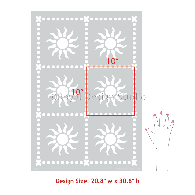 Stencil with sun design and measurement details on a white background, branded 'Royal Design Studio'.