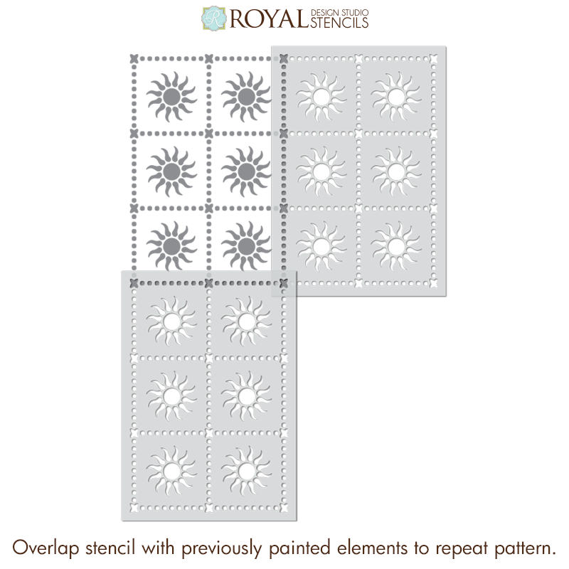 Royal Design Studio stencils with sun patterns on a white background