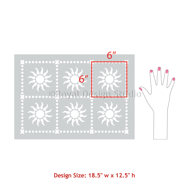 Stencil with sun design and measurement details, brand 'Royal Design Studio' visible