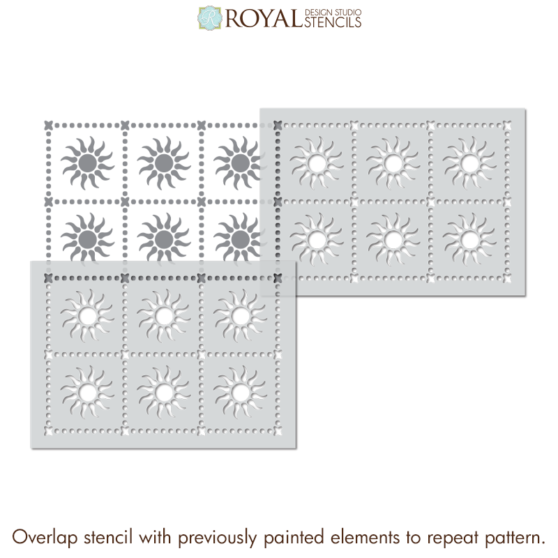 Two stencils with sun pattern design by Royal Design Studio on a white background.