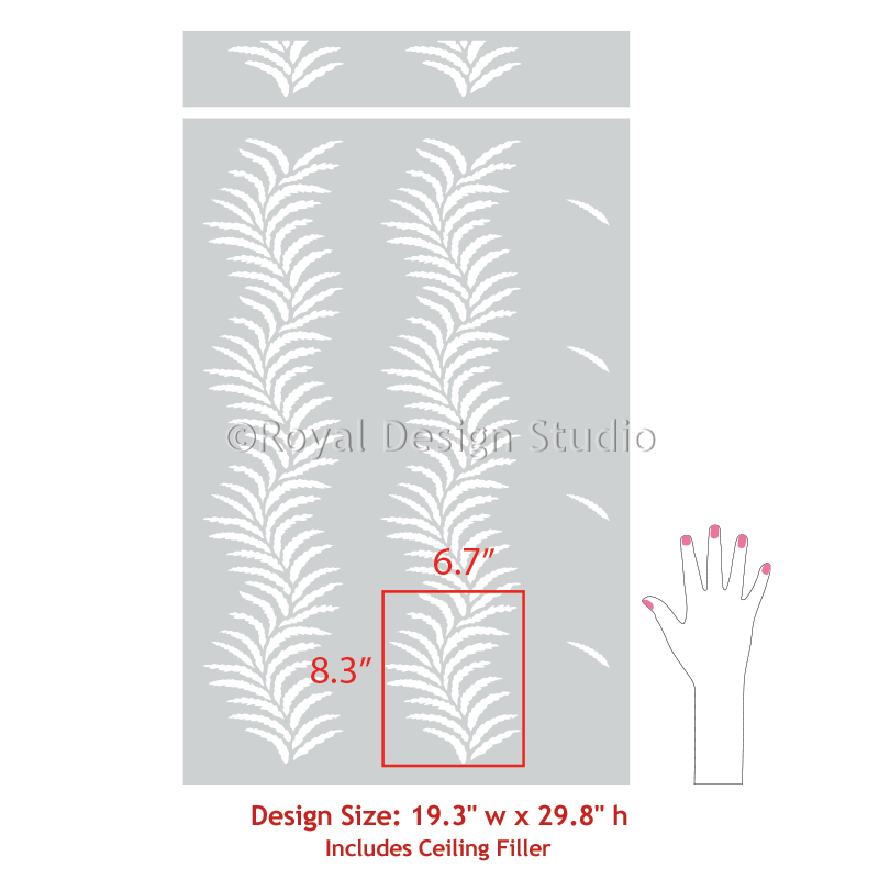Decorative wall stencil with leaf pattern and size measurements on a gray background.