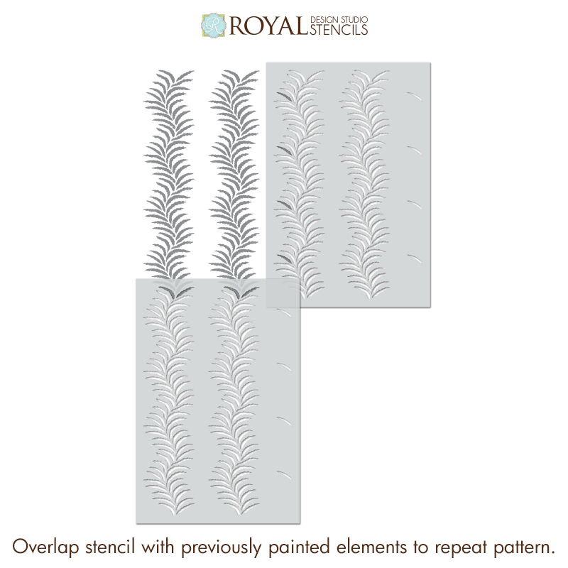 Two stencils with leaf pattern design by Royal Design Studio on a white background.