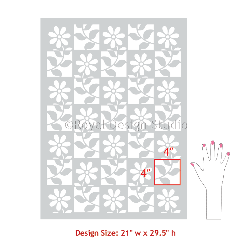 Floral patterned stencil with size measurements on a gray background