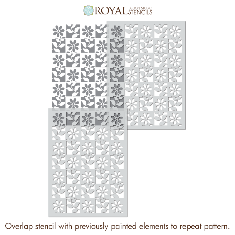 Two floral pattern stencils with 'Royal Design Studio' branding on a white background.