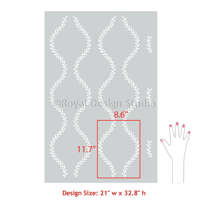Design size measurement chart for a decorative stencil pattern with dimensions and a hand for scale.