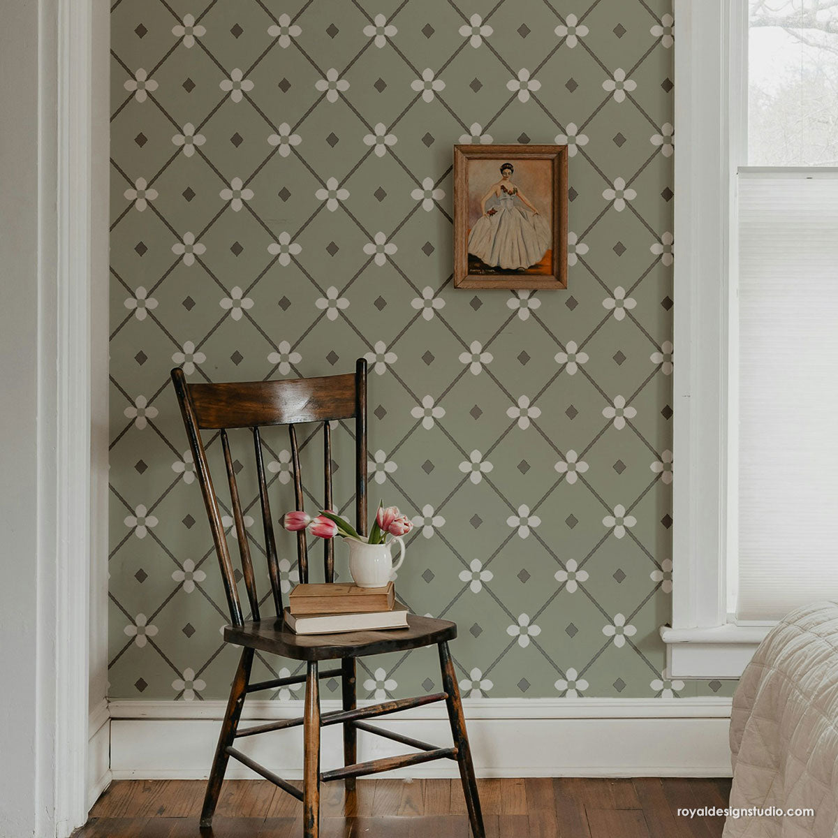 Cottage farmhouse stencil pattern for stenciling walls