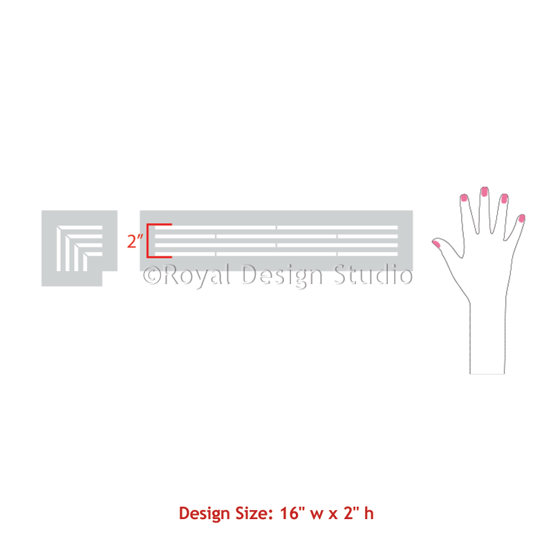 A digital preview diagram of a stencil design, showing a square sample tile, a long rectangular strip with horizontal lines, a hand outline, and text indicating a 16" w x 2" h design size.