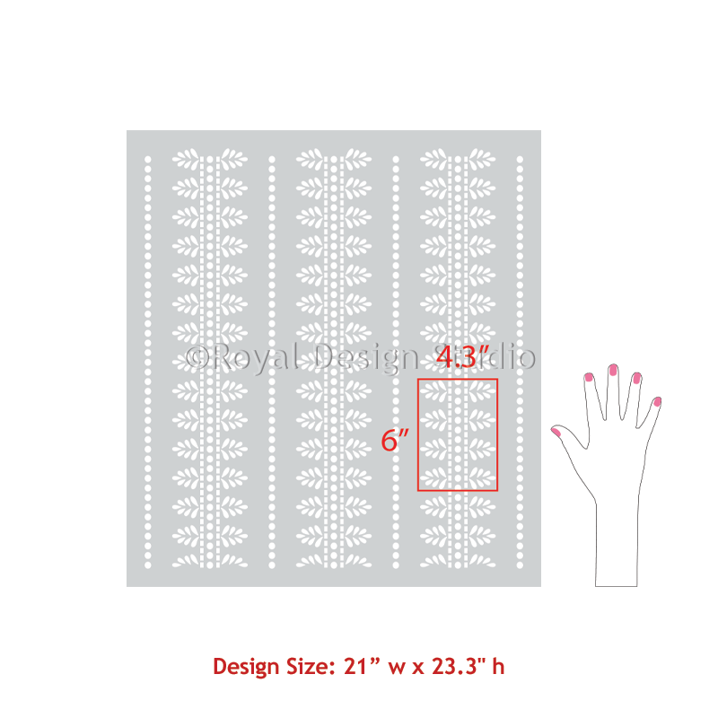 A decorative stencil design shown on a white background, with a hand outline indicating scale. The stencil features vertical columns of white floral and dotted patterns on a light gray base.