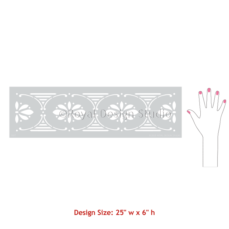 Decorative stencils with floral design and hand for scale, branded 'Royal Design Studio'.