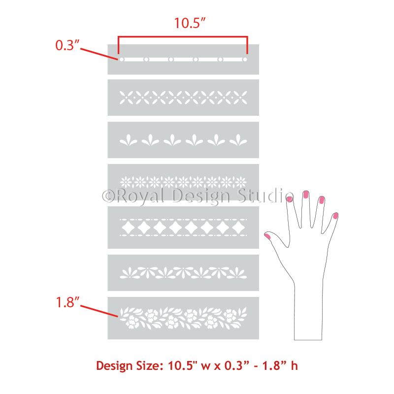 A product diagram showing six rectangular stencils with different floral and geometric designs, labeled with dimensions 10.5 inches by 0.
