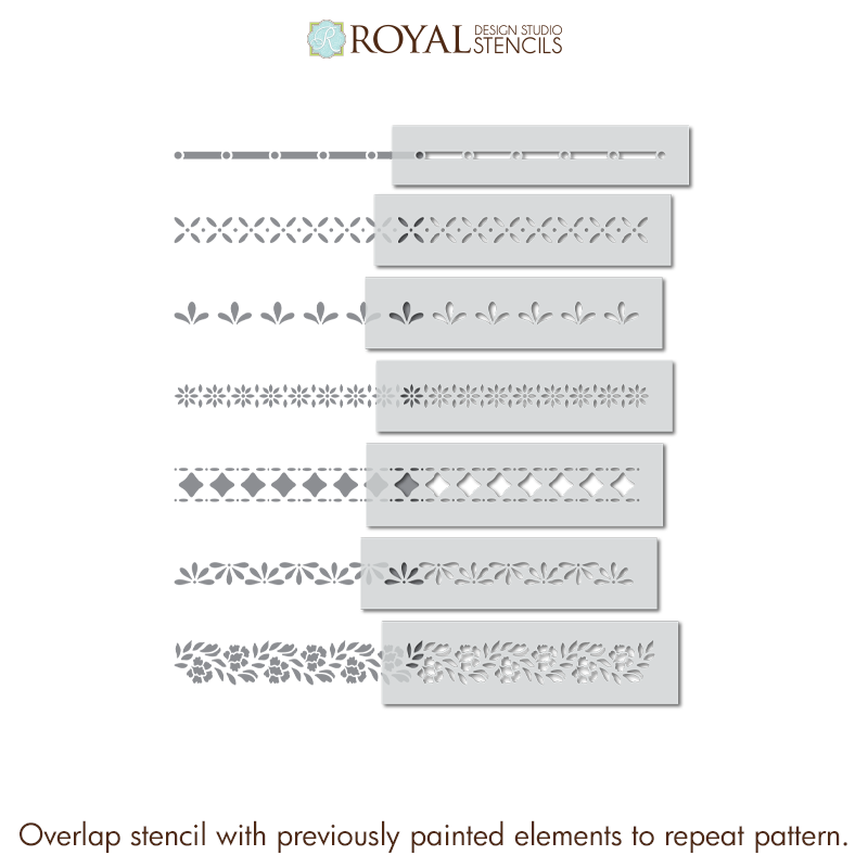 A set of seven Royal Design Studio Stencils, displayed vertically on a white background with instructions at the bottom to overlap them with painted elements for pattern repetition.