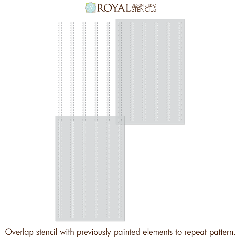 Two light gray stencil sheets with vertical dotted line patterns, shown on a white background with the Royal Design Studio Stencils logo at the top and a descriptive caption at the bottom.