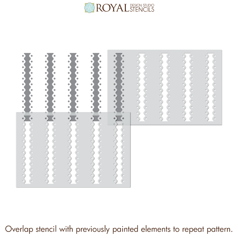 Two stencil sheets with vertical wavy cutout patterns, shown on a white background with the brand logo Royal Design Studio Stencils at the top and a usage note at the bottom.