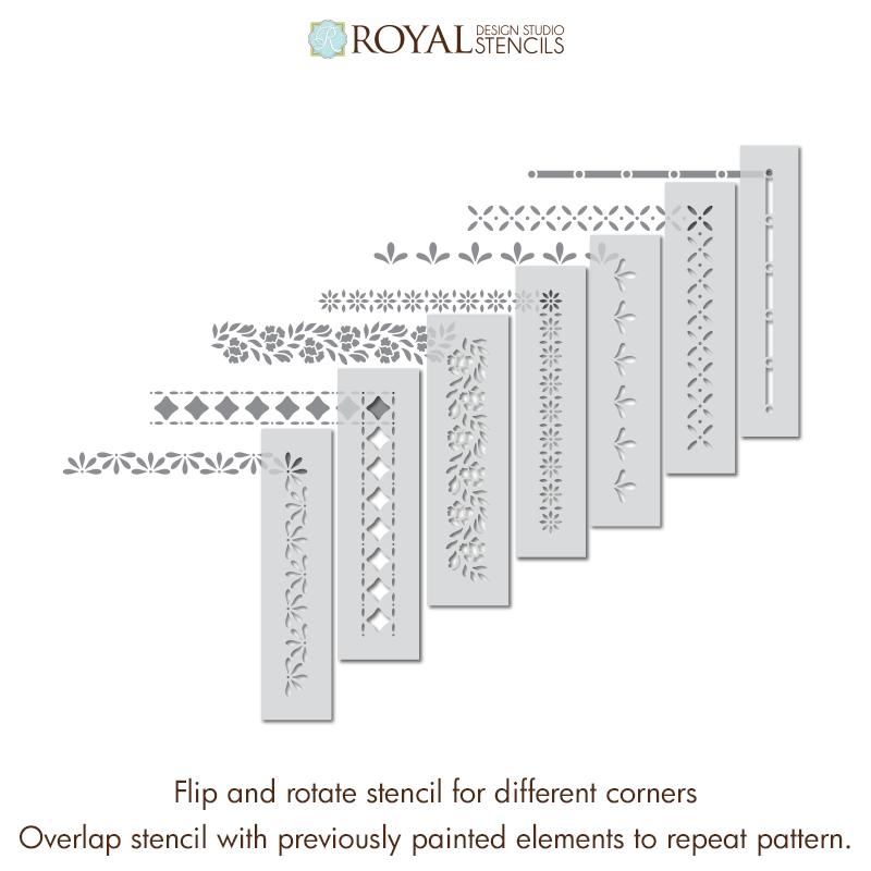 A set of rectangular metal stencils with different floral and geometric cutout patterns, arranged diagonally on a white background with the Royal Design Studio Stencils logo at the top and instructional text at the bottom.