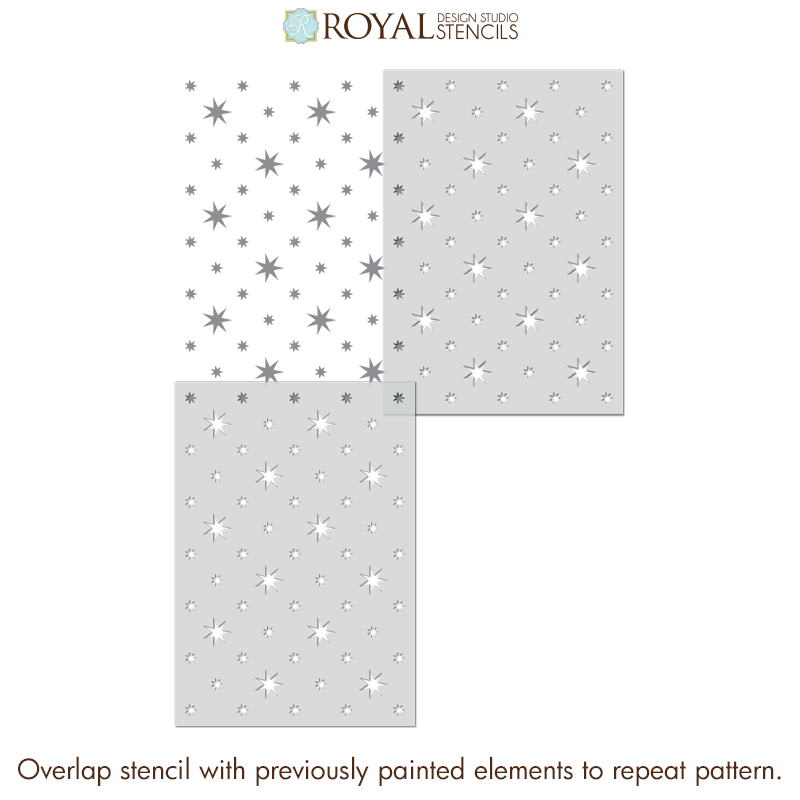 Three rectangular stencil sheets with star and sparkle cutout patterns, shown on a white background with the Royal Design Studio Stencils logo at the top and a usage note at the bottom.