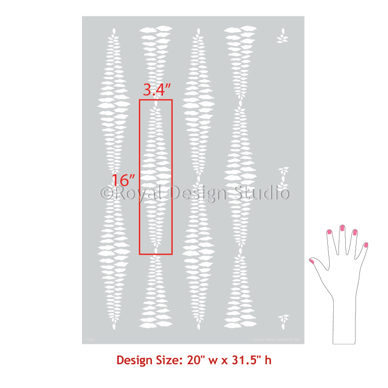 Stencil with floral pattern and measurement details on a gray background, featuring the Royal Design Studio logo.
