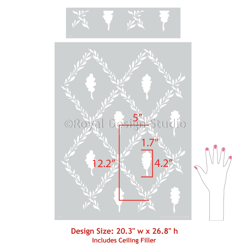 Decorative stencil with geometric pattern and measurements, branded 'Royal Design Studio'.