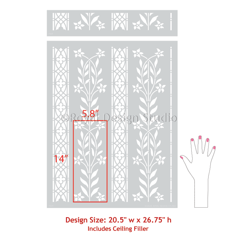 Decorative stencils with floral patterns and measurements, featuring the 'Royal Design Studio' brand.