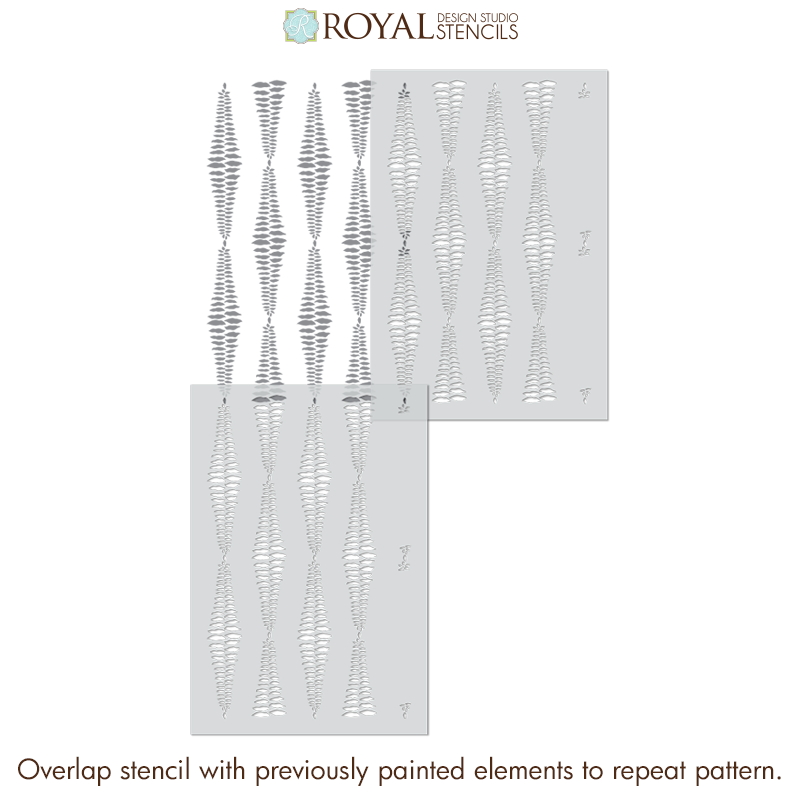 Two stencils with wavy line patterns on a white background, featuring the Royal Design Studio logo.