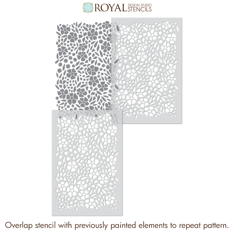 Set of four Royal Design Studio stencils with floral and abstract patterns on a white background.