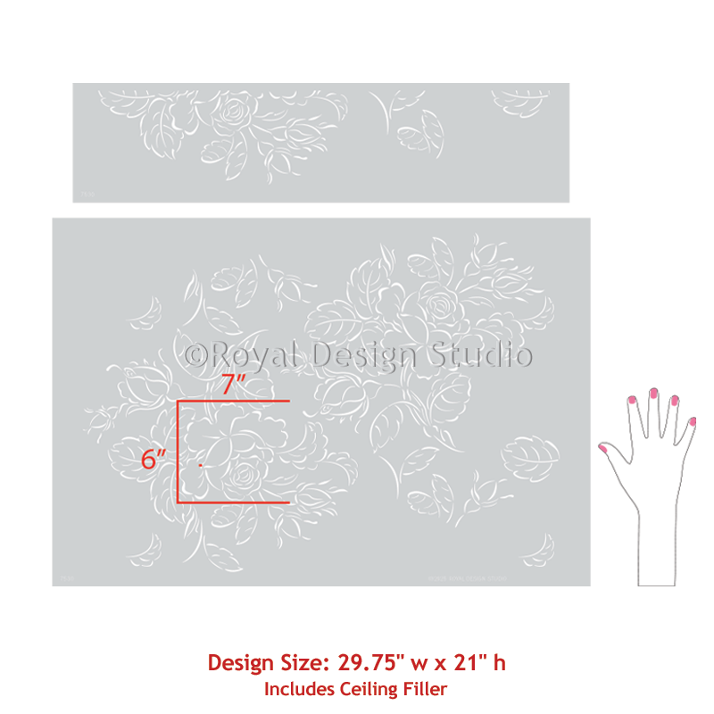 Floral design stencil with measurements and Royal Design Studio branding on a gray background.