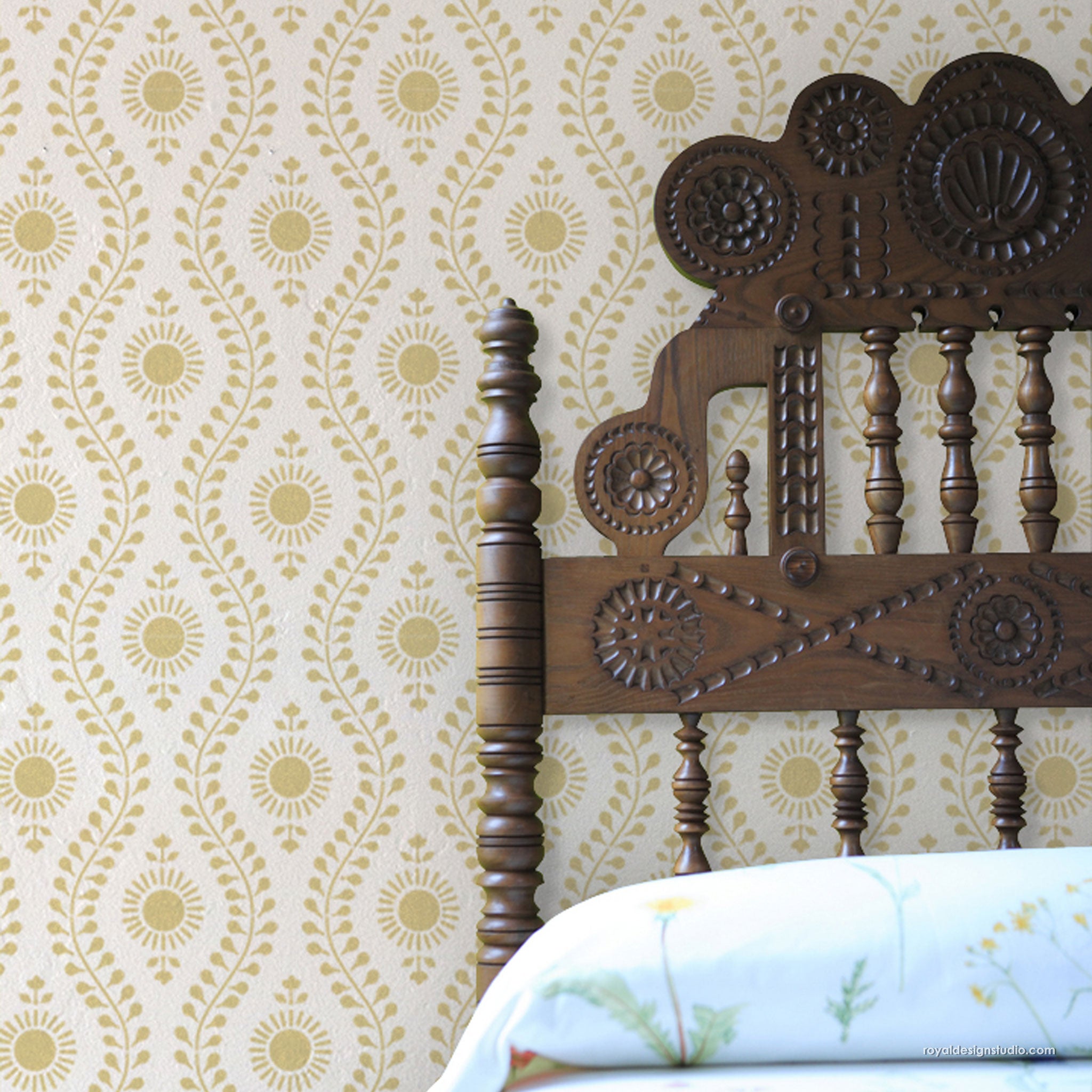 block print wall stencil pattern sun flower design