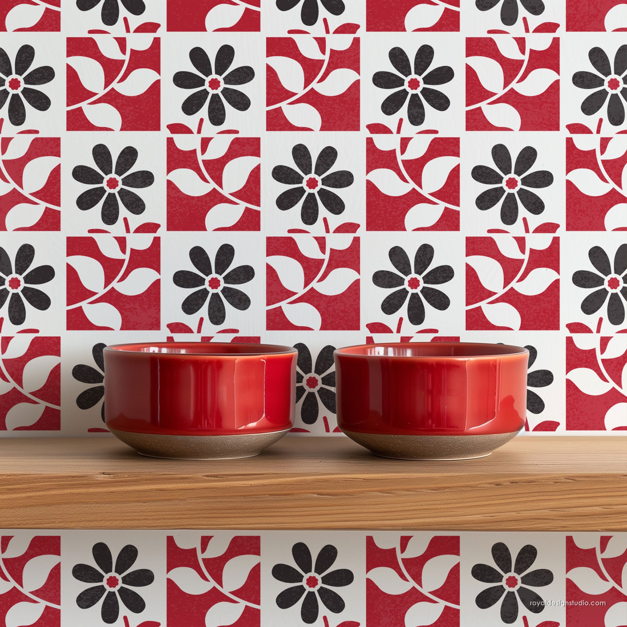 Floral tile wall stencil pattern painted on a kitchen wall in bright colors