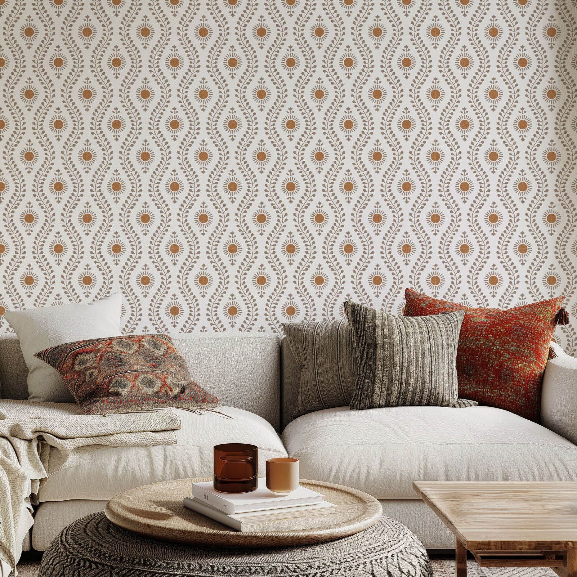 Boho living room interior block print Indian pattern wall stencil