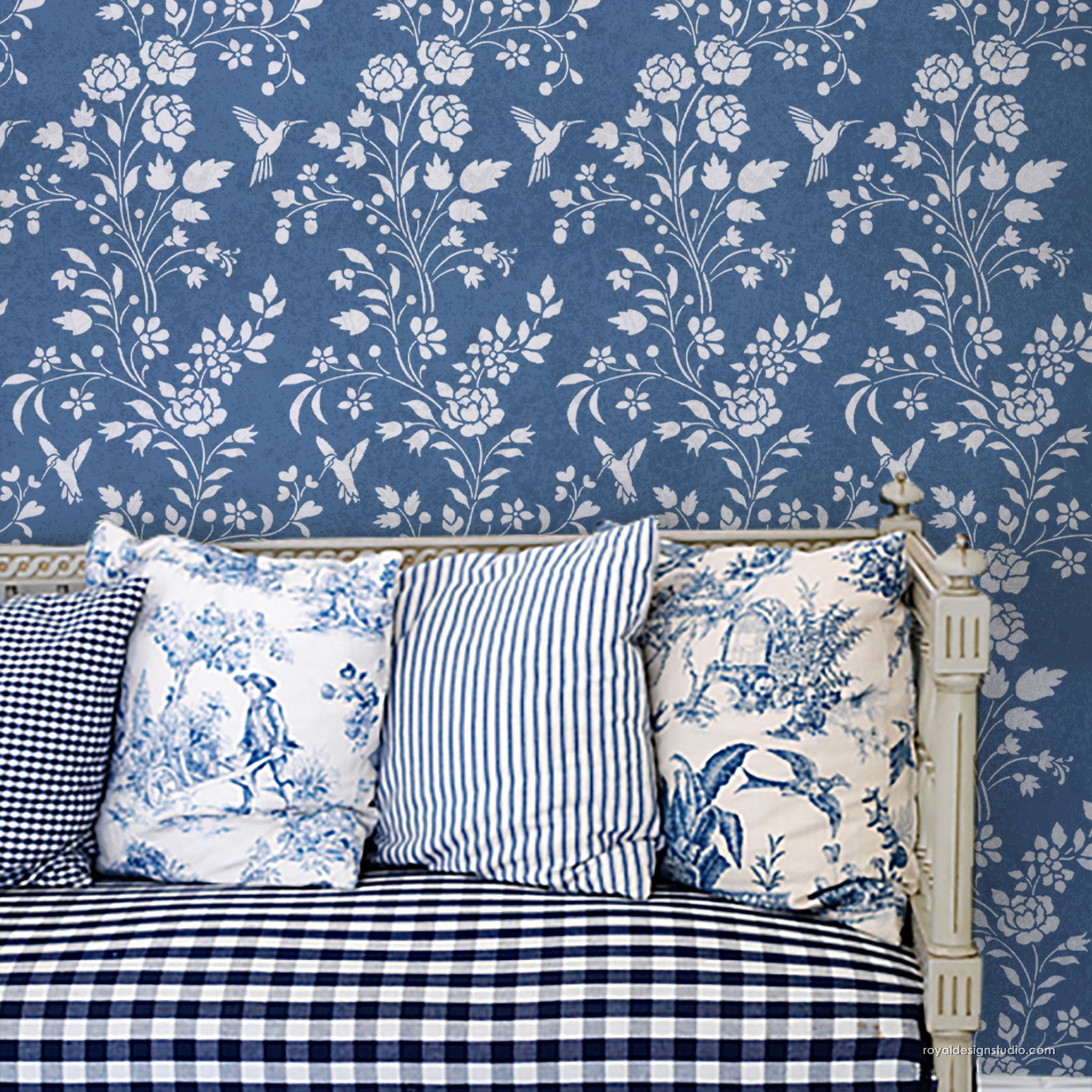Chinoiserie wall stencil pattern painted like wallpaper in a cottage style Scandinavian room setting