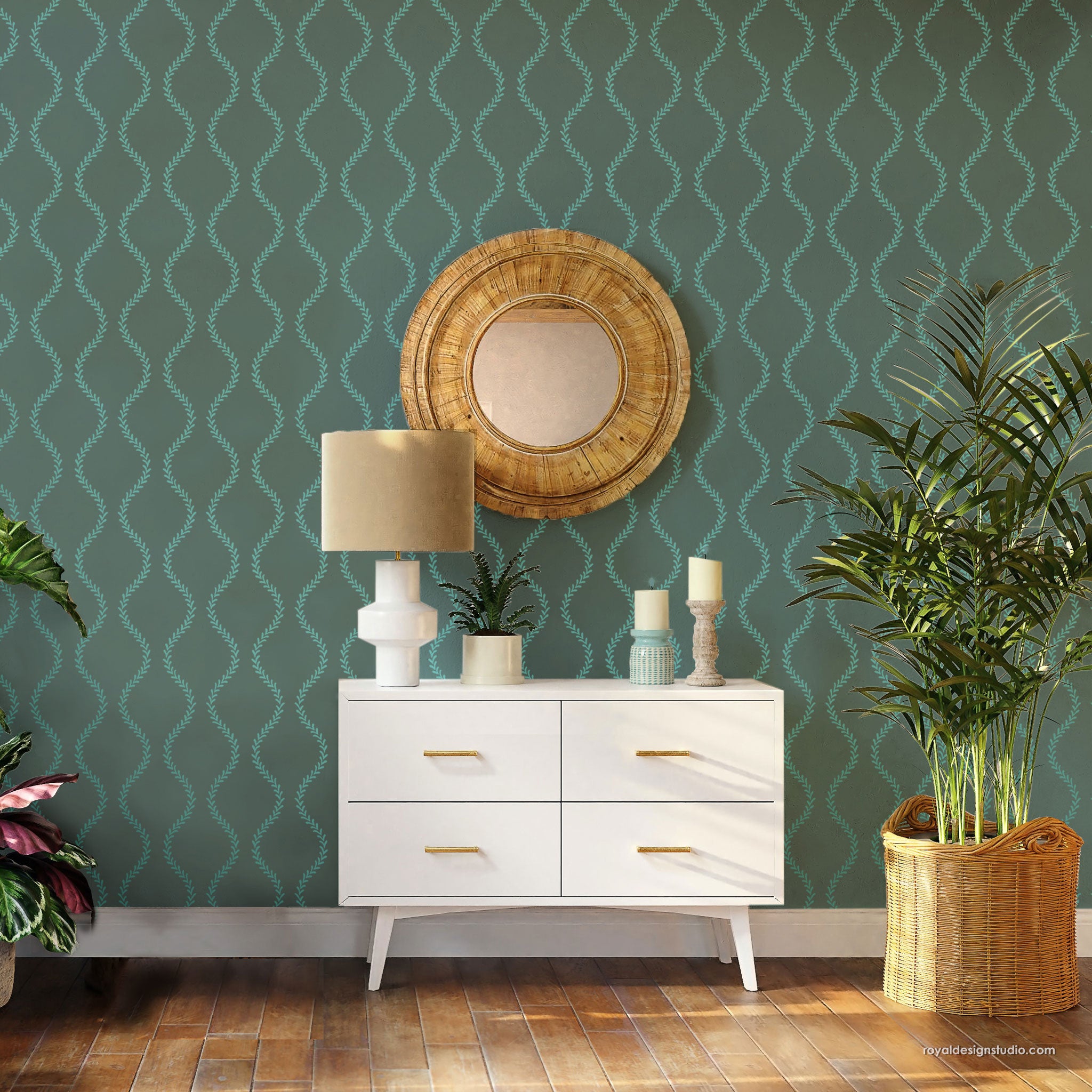 Cottage garland wall stencil pattern for country decor stenciled on bedroom wall