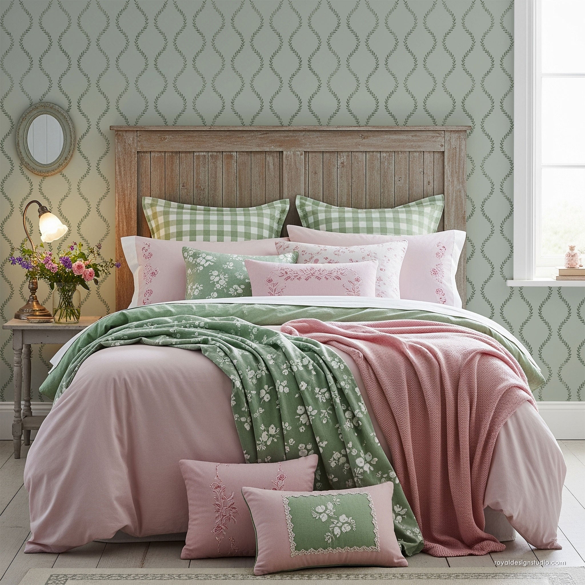 Soft green bedroom wall stenciled with simple leaf garland wall stencil design