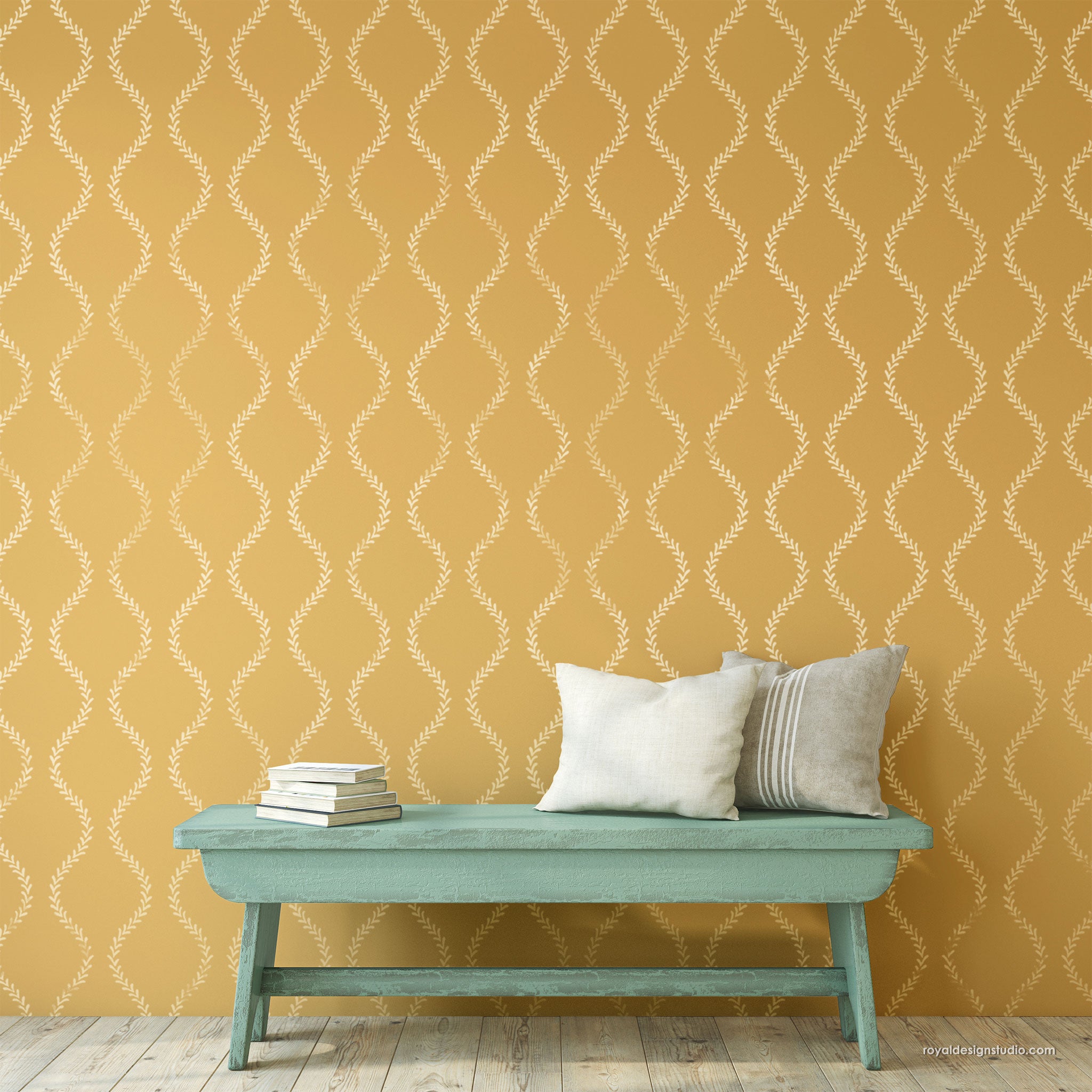 Simple leaf trellis wall stencil on yellow wall with green rustic bench for cottage style decor