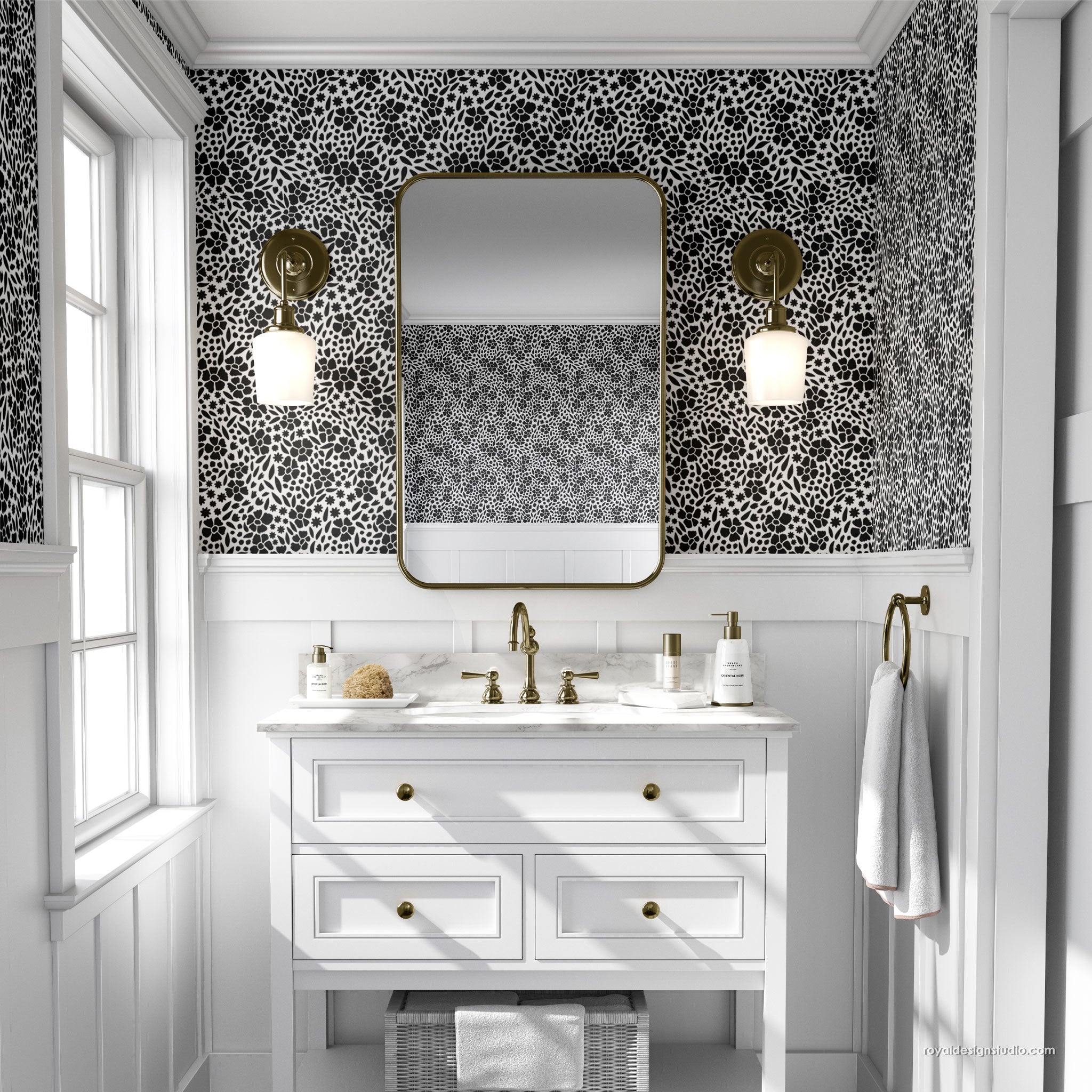 Large wall stencil in floral ditsy pattern in black and white on powder room walls like wallpaper