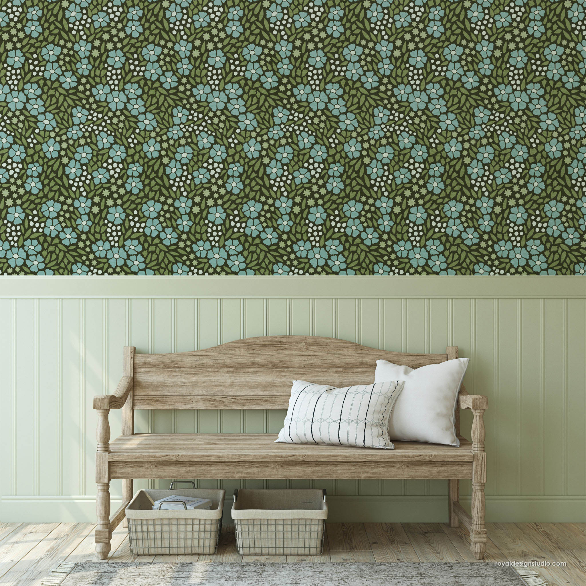 Cottage style ditsy wall stencil pattern florals painted in blue and green