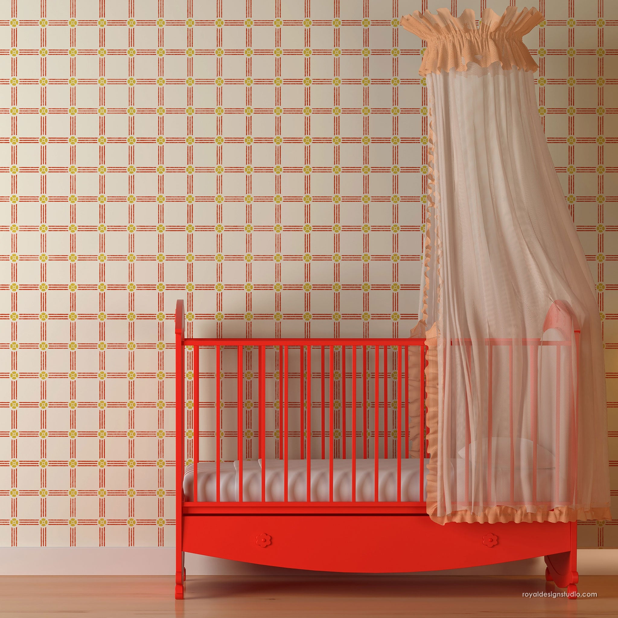 A bright coral-red wooden baby crib with a white mattress and a sheer peach canopy, set against a patterned wallpaper background.