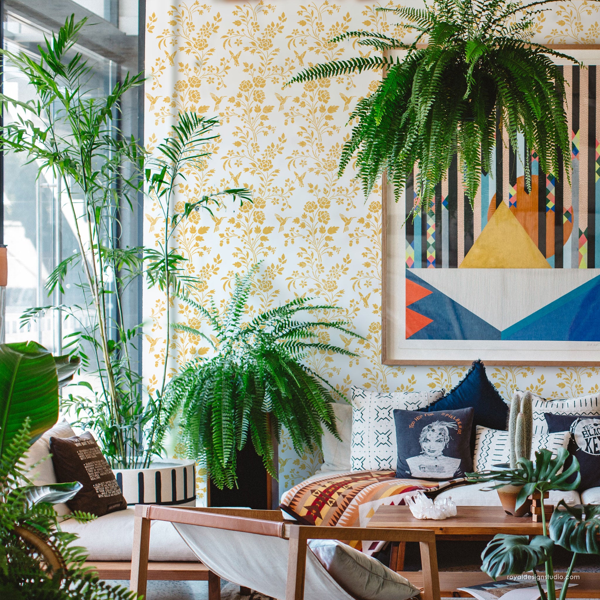 Chinoiserie stencil pattern painted in a boho style living room