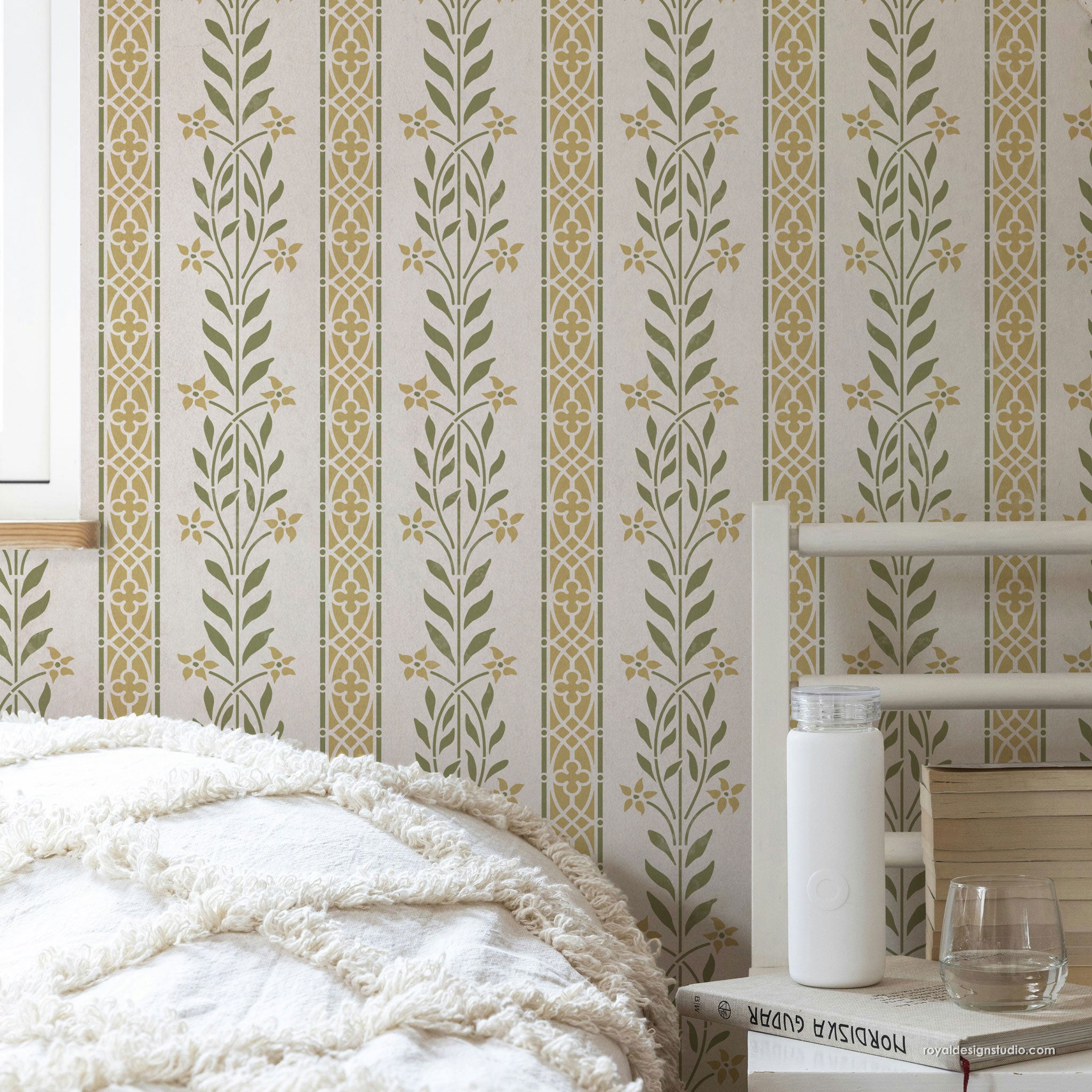 Floral stripe stencil pattern on cottage style bedroom wall