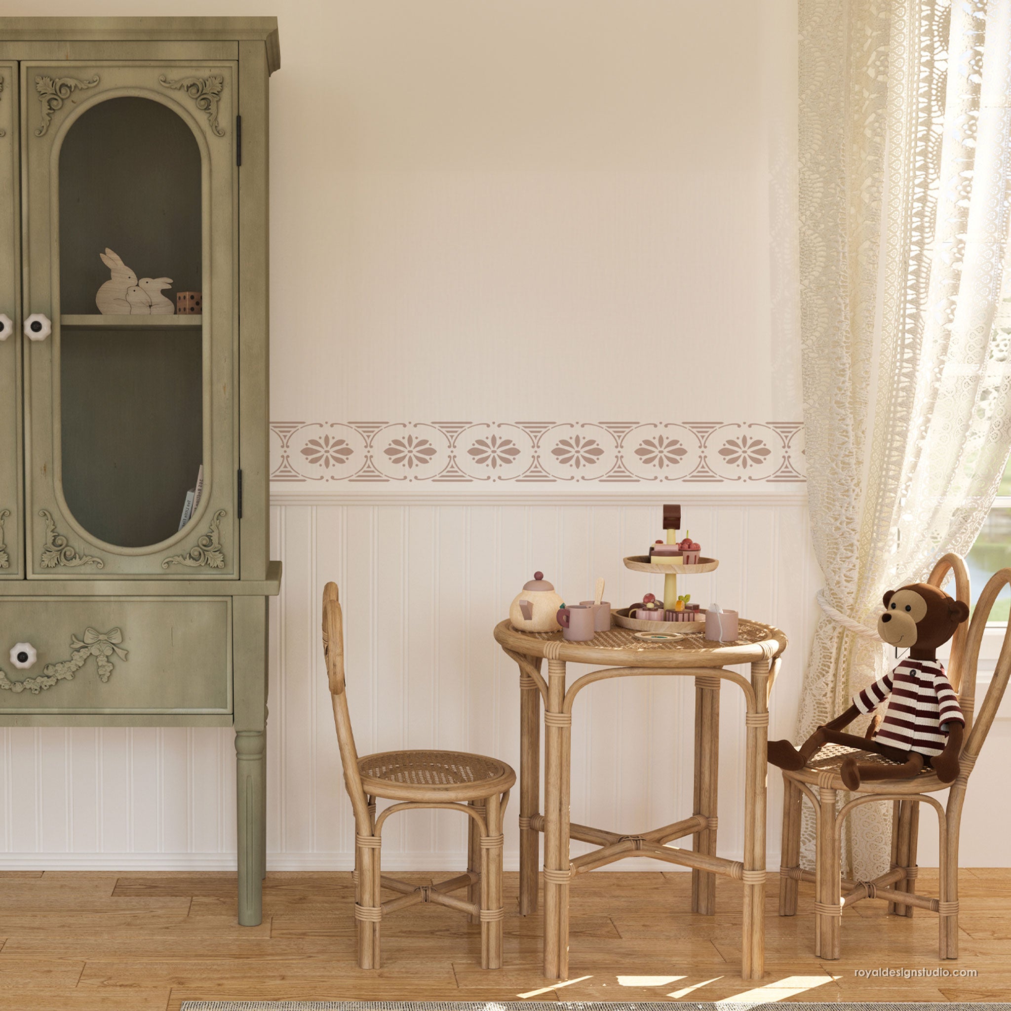 Swedish floral border folk art stencil stenciled on a nursery wall