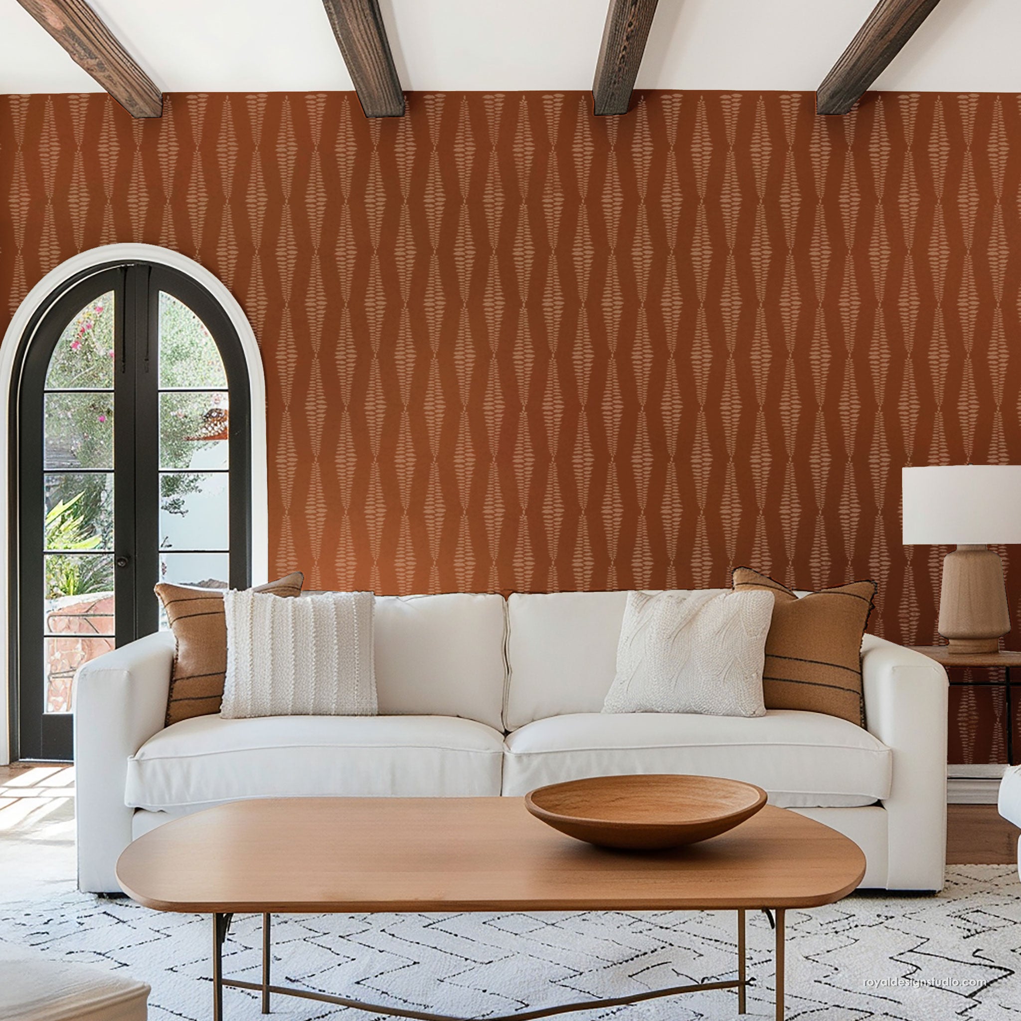 Warm living room with patterned stencil on wall in stripe design